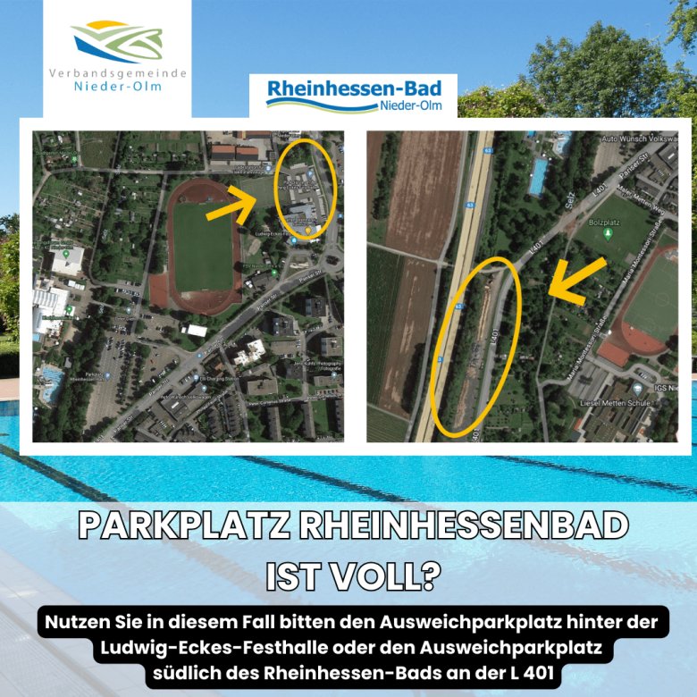 Auf dem Bild erkennt man zwei Screenshots von Google Maps, auf welchen die Ausweichparkplätze zu sehen sind. Im Hintergrund erkennt man ein Foto des Rheinhessenbads,