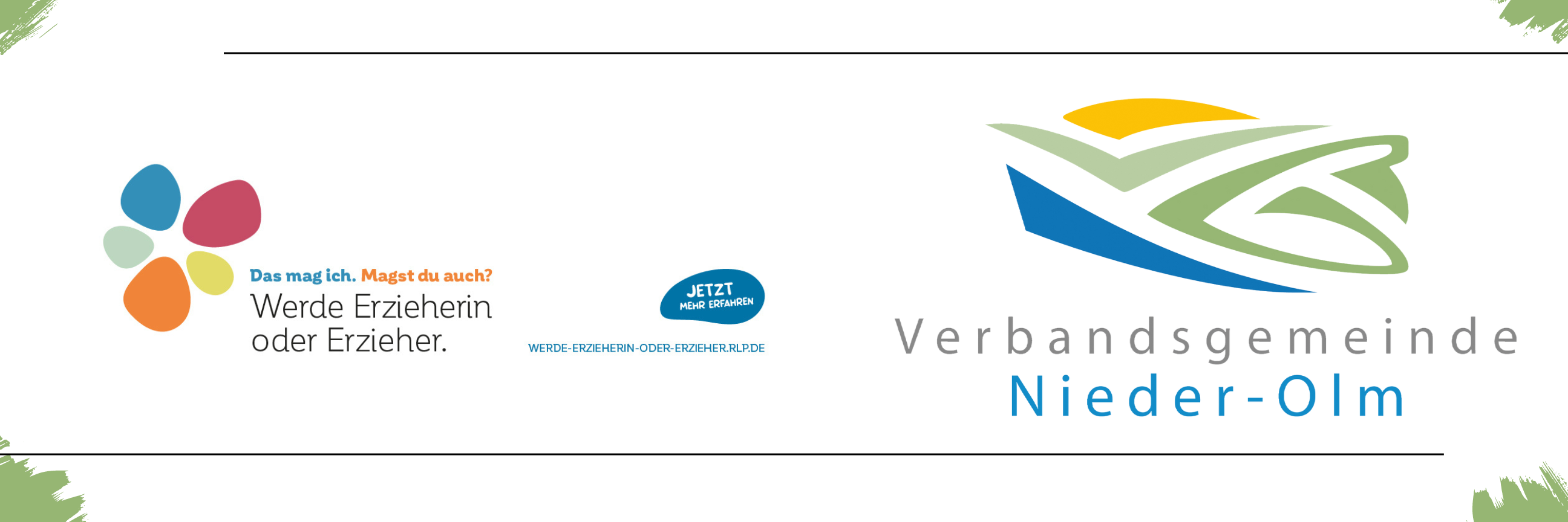 Auf dem Bild erkennt man das Logo der VG Nieder-Olm sowie das Logo der Kampagne "Werde Erzieherin oder Erzieher"