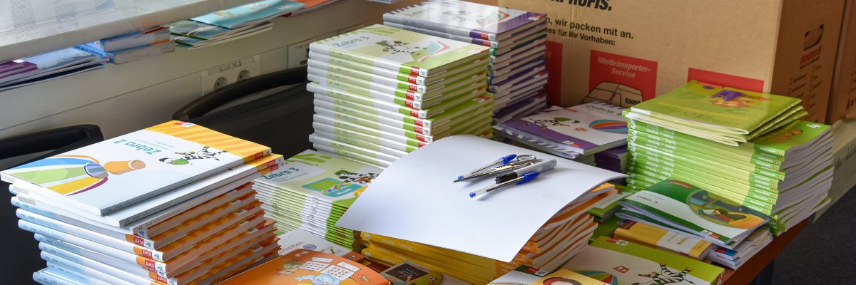 Auf dem Bild erkennt man diverse Schulbücher die auf verschiedenen Stapeln liegen. 