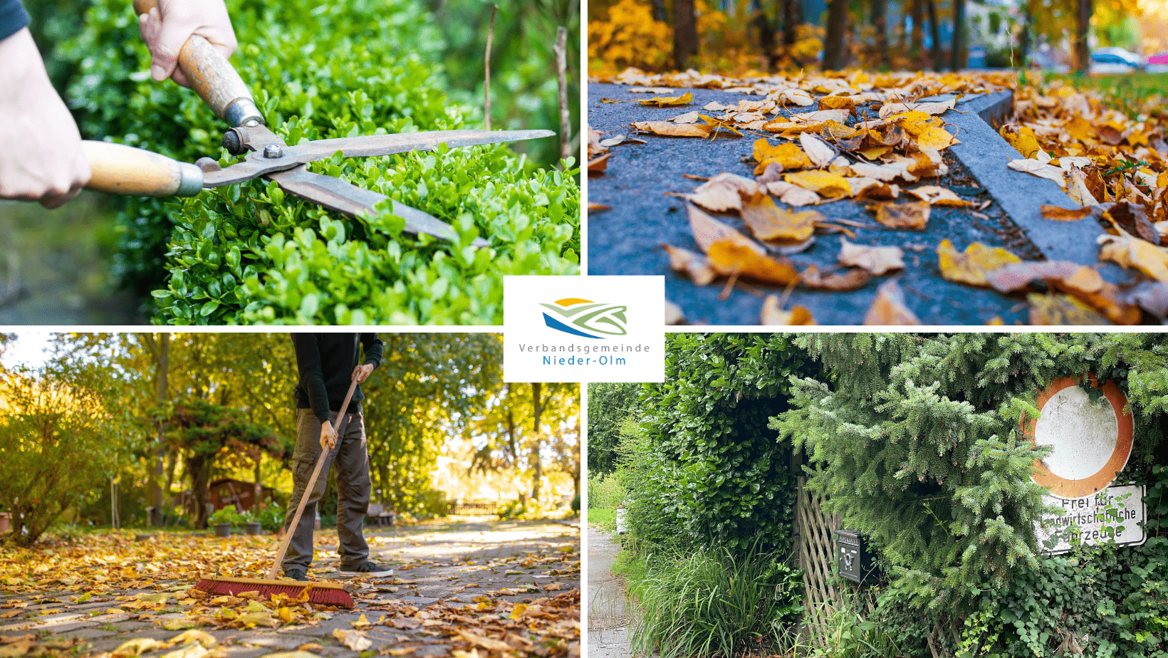 Straßenreinigung und Heckenrückschnitt Auf dem Bild erkennt man vier Bilder. Auf diesen werden unter anderem Hecken geschnitten oder Laub von der Straße gekehrt.