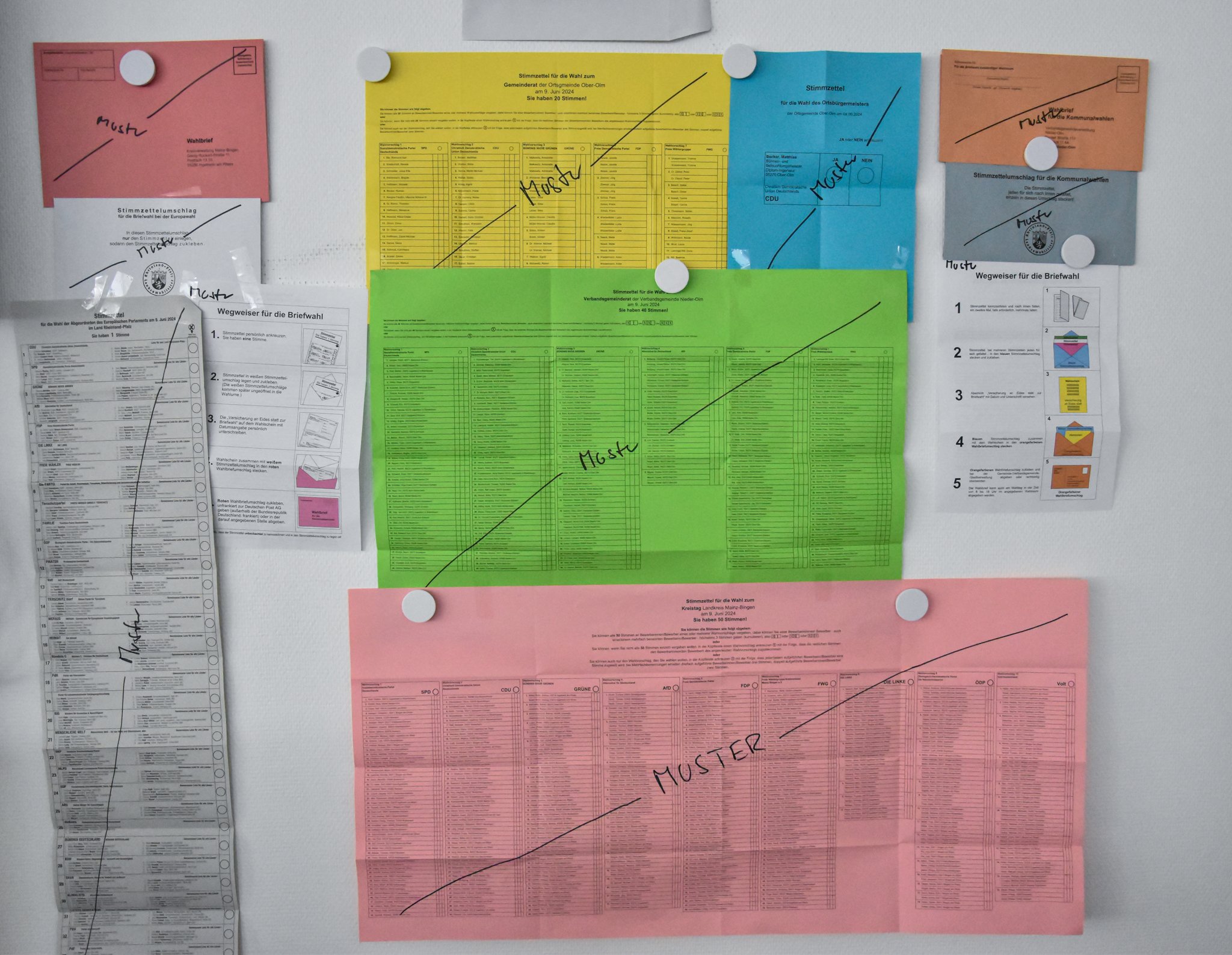 Wahlbüro Stimmzettel Auf dem Bild erkennt man eine weiße Wand. An dieser sind sämtliche Stimmzettel angepinnt. Diese sind durchgestrichen und das Wort "Muster" steht in schwarzen Lettern drauf.