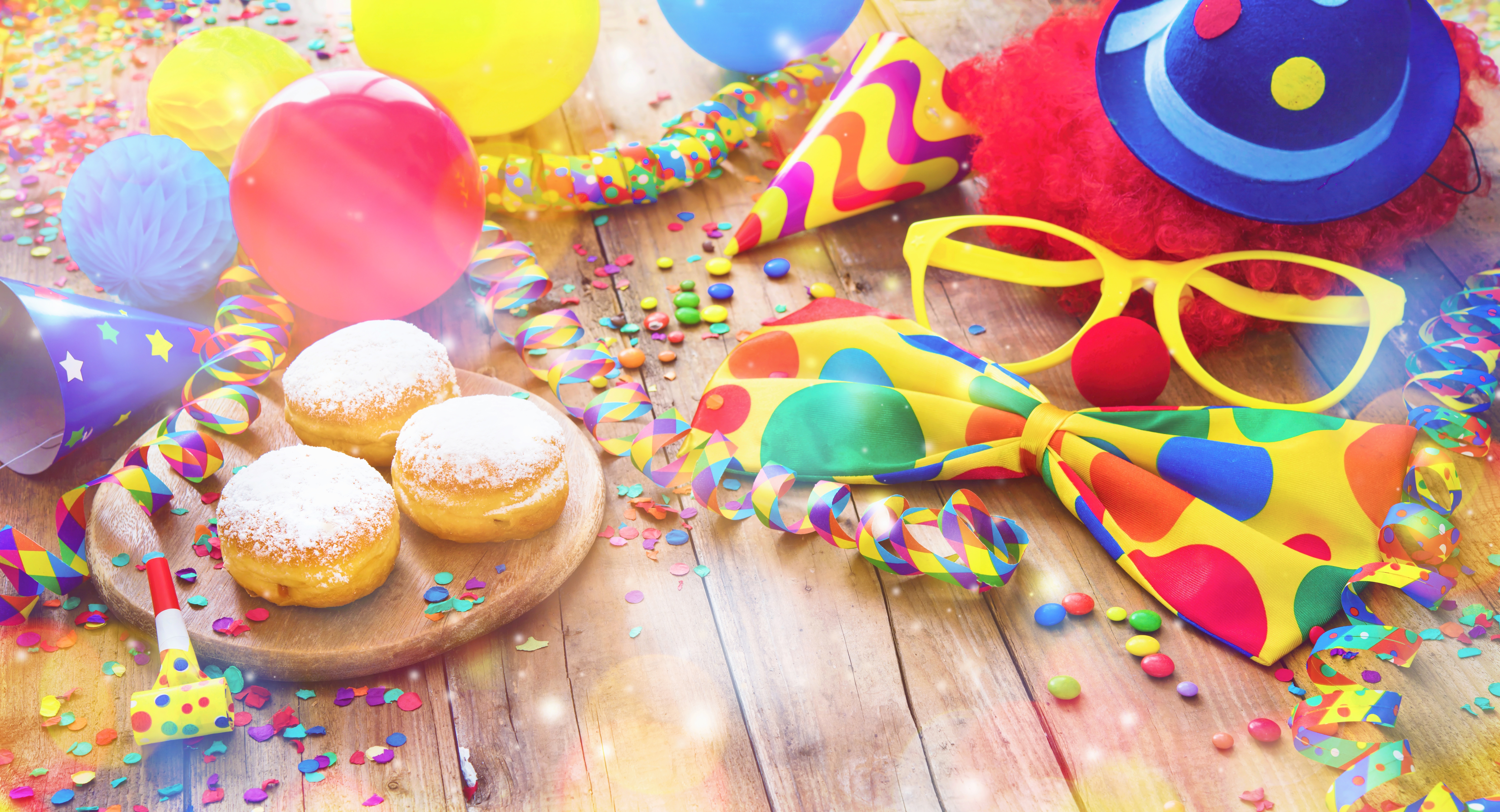 Colorful carnival or party background with donuts, balloons, str Colorful carnival or party background with donuts, balloons, str