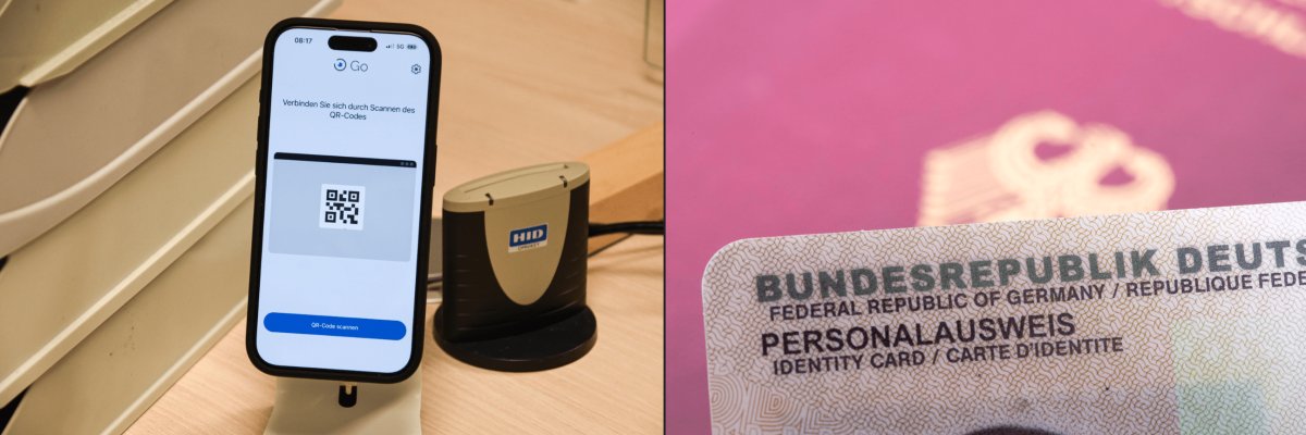 Biometrische Passbilder Titelbild Auf dem Bild erkennt man links ein Smartphone und rechts einen Personalausweis