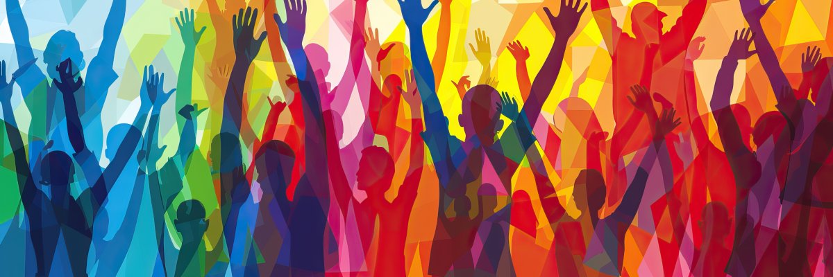 Democratic Diversity: A Multicultural Gathering in Support of Democratic Values Auf dem Bild erkennt man eine bunte Zeichnung und Darstellung vieler Menschen