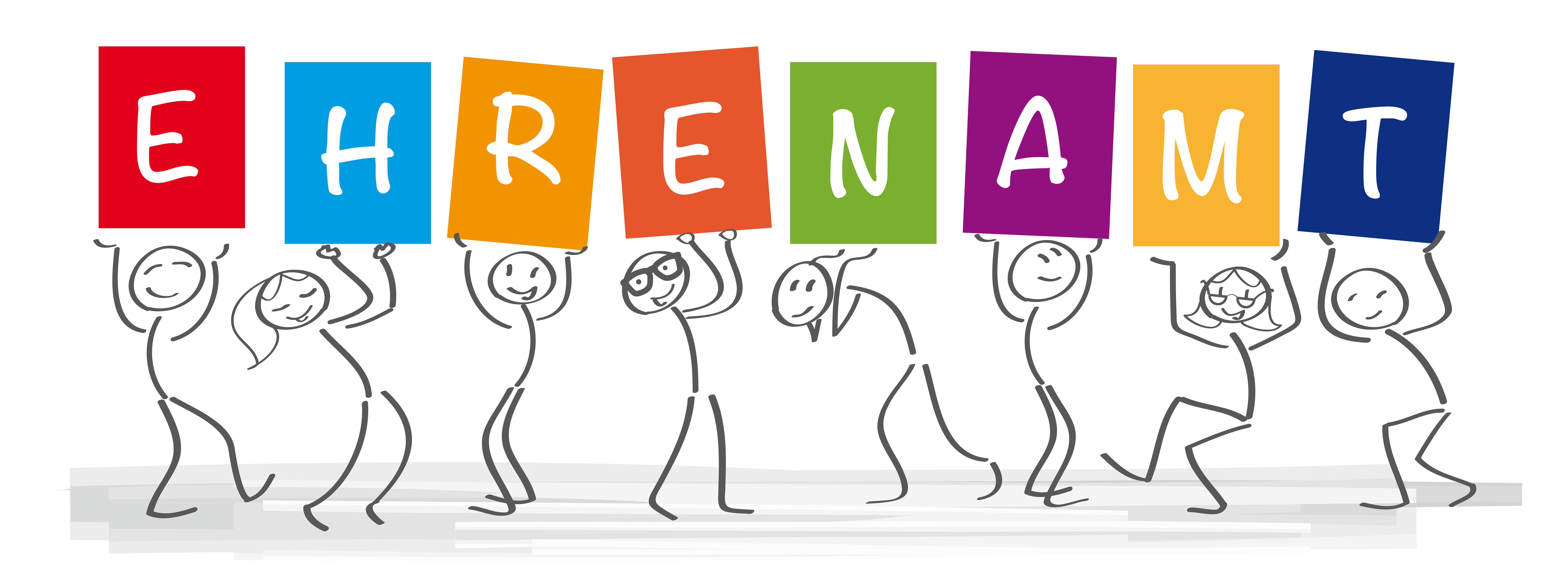 Ehrenamt - ehrentamtliche Helfer halten bunte Plakate mit der der Aufschrift "EHRENAMT"