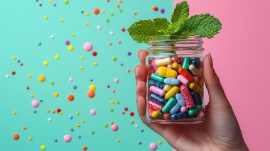 「ハーブサプリメントと現代の医薬品の微妙なバランスを表す、ミントの葉に囲まれた手のひらいっぱいのカラフルな錠剤.Generative AI」 「ハーブサプリメントと現代の医薬品の微妙なバランスを表す、ミントの葉に囲まれた手のひらいっぱいのカラフルな錠剤.Generative AI」
